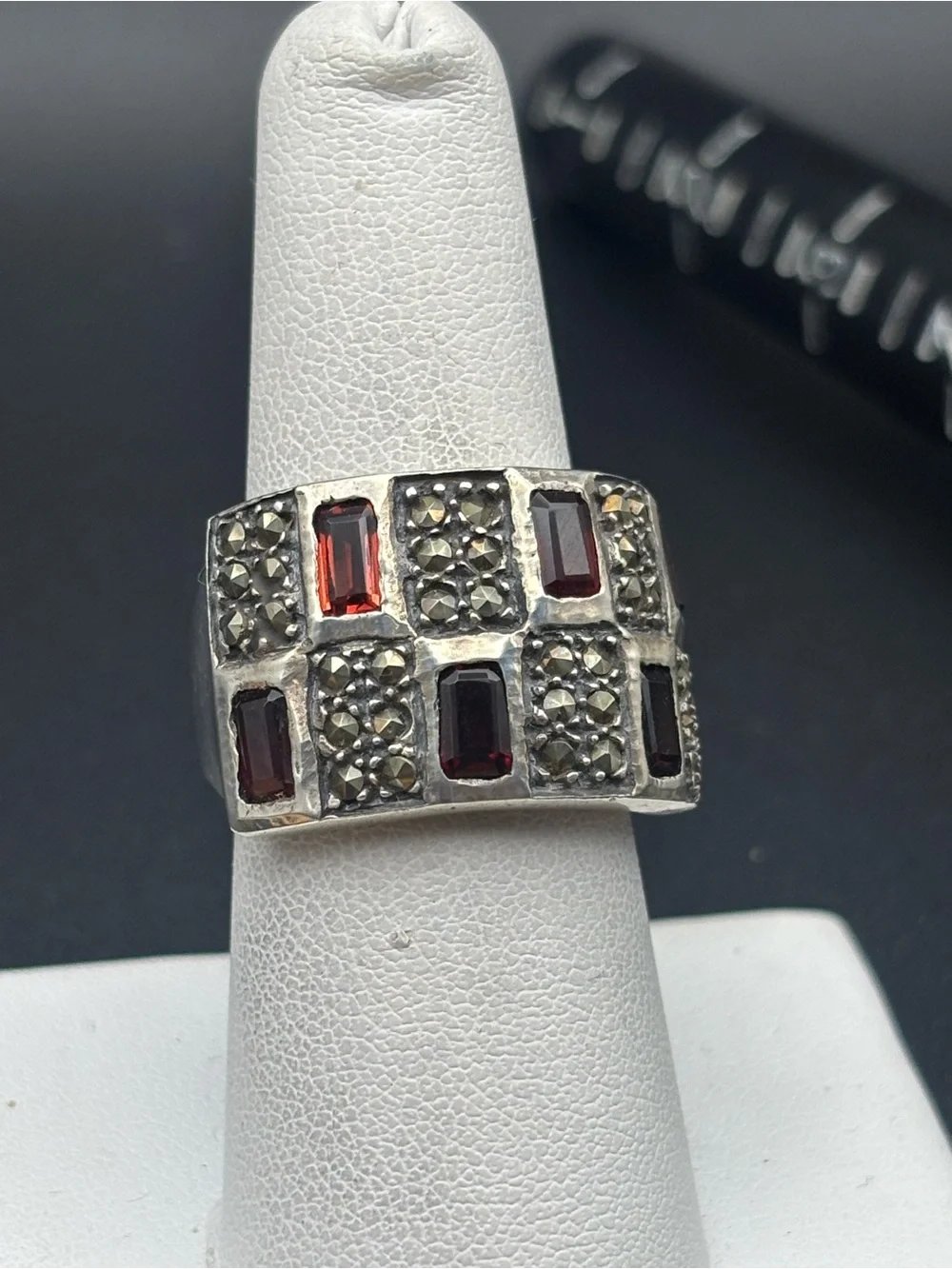 Sterling Silver Garnet & Marcasite Grid Band Ring - Red